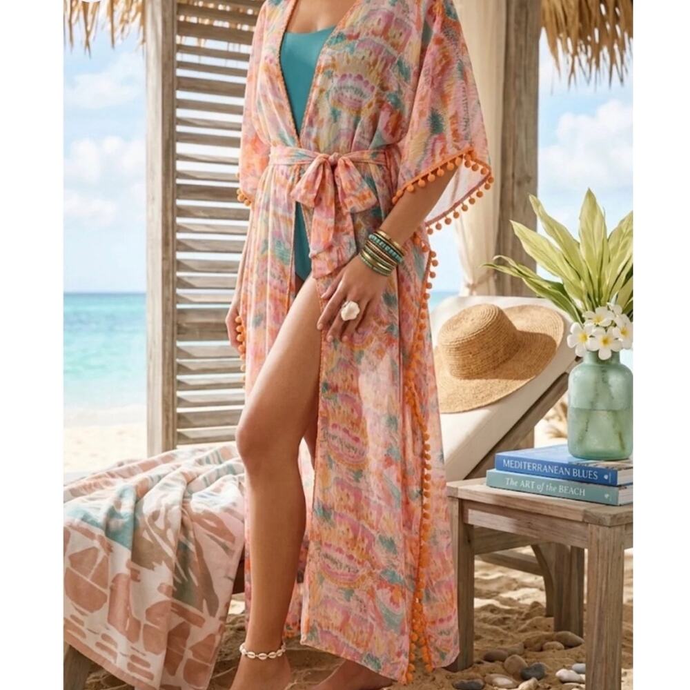 America & Beyond Maxi Kimono Cover Up Small Womens Rain Stroke Boho Beach Resort